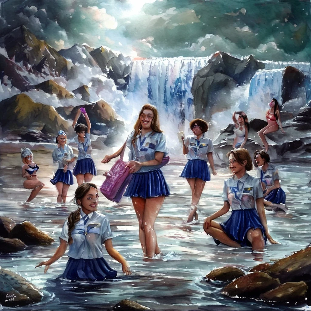 Realistic watercolor painting world。15 Russian schoolgirls wear school swimsuits at a mountain waterfall、(((playing in the water to the point that their legs, hips, and panties are on full display)))。Let it be a sublime painting that exudes a sense of happiness.。