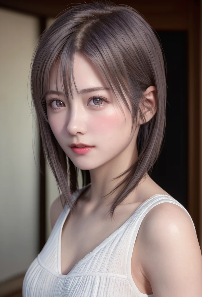 (8K, Photorealistic, Raw photo, of the highest quality: 1.3), (1girl in), Super beautiful, (Realistic face), (boyish, Silver Color Berry Shorthair), Beautiful , Glare that captivates the viewer, Beautiful expression, Beautiful breasts, (Realistic skin), Beautiful...