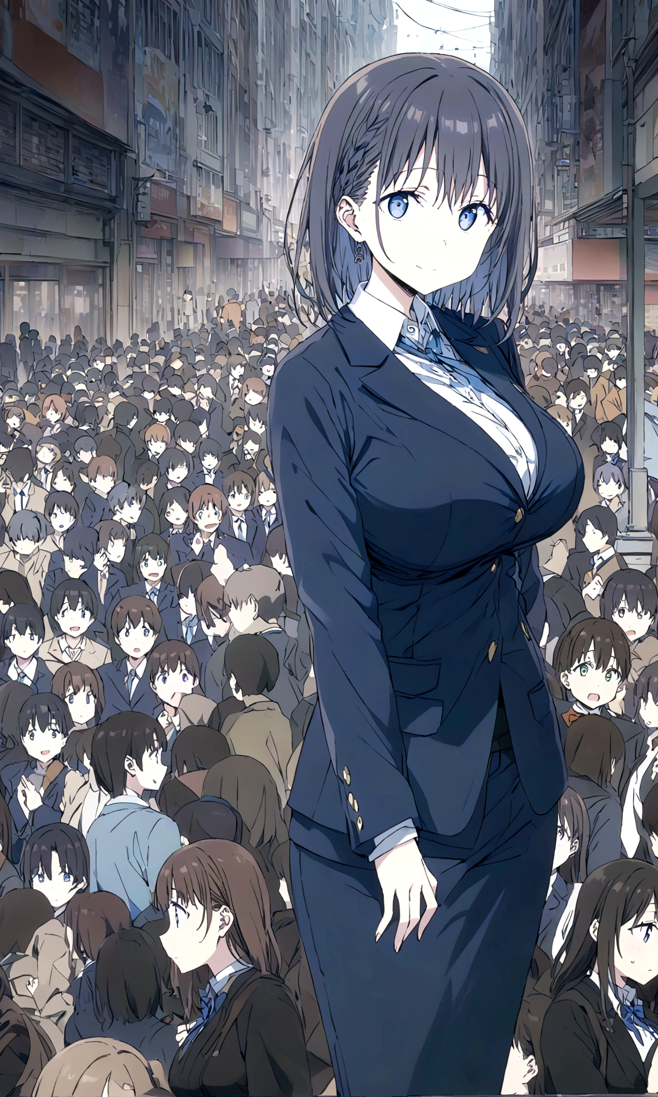 Tawawa on Monday,Ai-chan,Big Breasts,Blue Blazer,high school girl,temptations,whole body,駅のホーム,crowd,silhouette,finely detailed beautiful face,high quality,anime,beautiful,High resolution,anime color,{{{{8K_wallpaper}}}},{{{masterpiece}}},{{{{extremely detailed eyes}}}},{{{{extremely detailed body}}}},{{{{extremely detailed finger}}}}