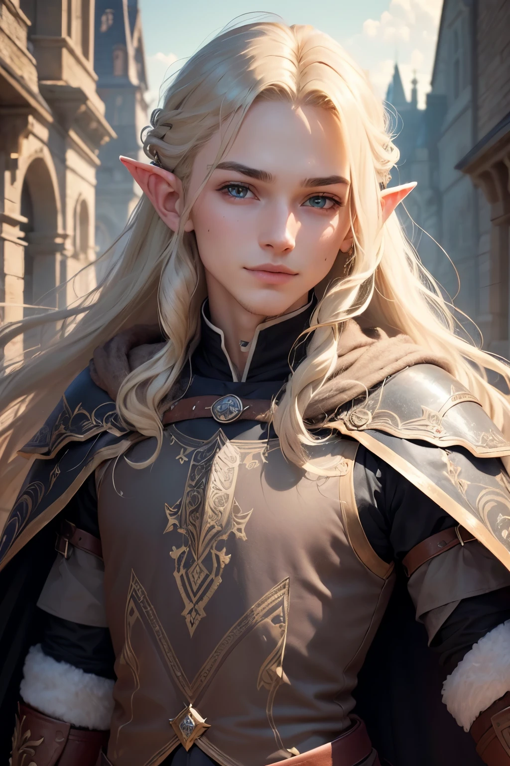 ((best quality)), ((masterpiece)), (detailed), Prize-winning works, with incredible details, maximum textures and details, uhd ,8K,super resolution ,depth of field, retina, masterpiece, anatomically correct, textured skin, super detail, high details, highres ,1 Elf adventurer medieval fantasy RPG,hair in the wind,very long blonde hair ,((sem no facial hair,)),shy smile,similar to the work of JRR Tolkien,black long cape ,lightweight armour,fully body, hyper-detailed piercing eyes , (25 year old young man :1.1,detailedeyes, face detailed, whole body:1.1,the background is a magnificent castle ),(best qualityer:1.2,ultra detali:1.1,realisitic:1.37) ,eyeshadows,sharp focus,swirly vibrant colors,)