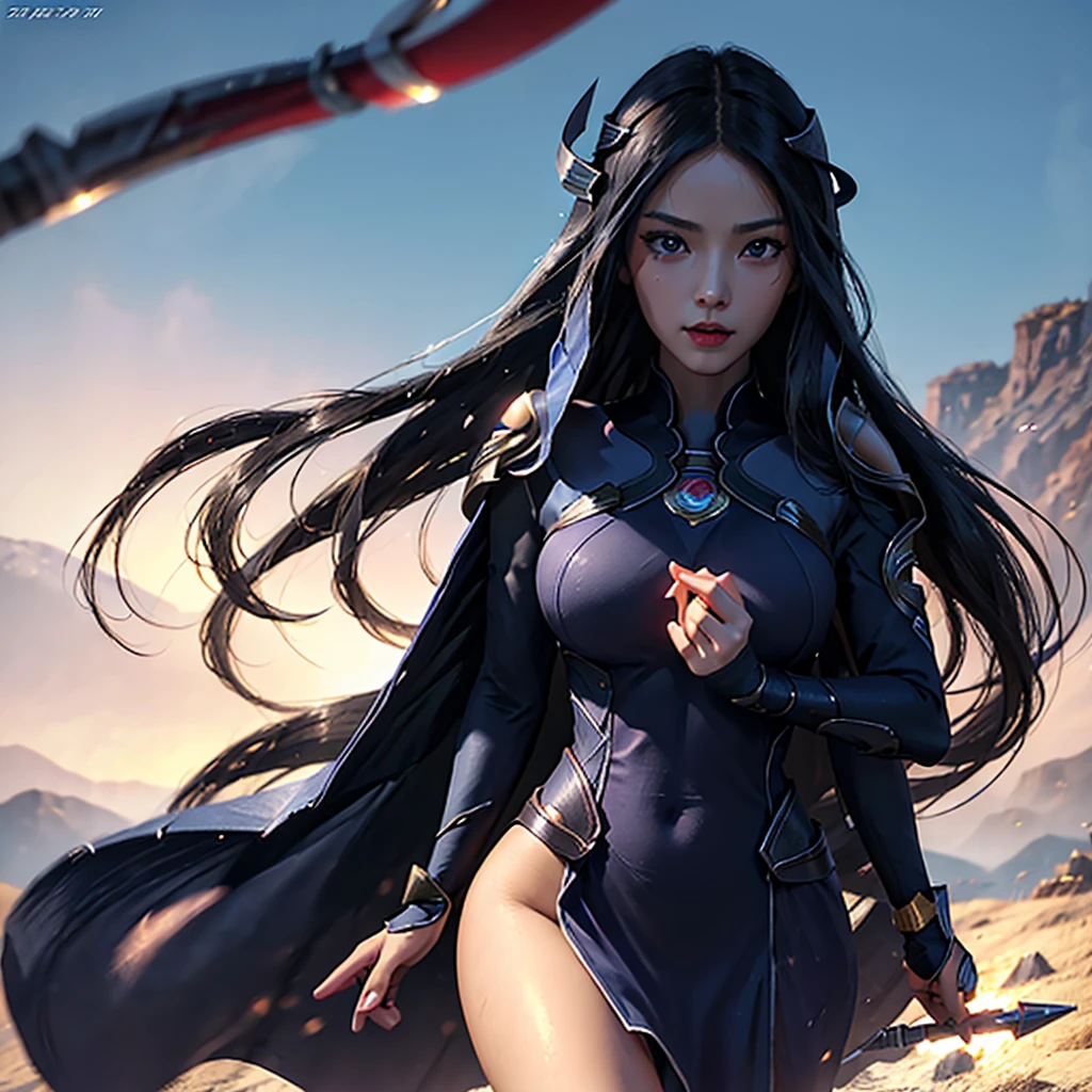 irelia from league of legends, a beautiful 24 years old woman, asian girl, dark blue long hair, blue eyes, fit body, she controls blades in the air, serious face, detailed photograph, 8k, uhd, high quality photo, bright day, grassland background, sexy girl, perfect body, perfect face, very big eyes, detailed face, detailed hands, detailed eyes, high detailed photograph, 16k, perfect woman face