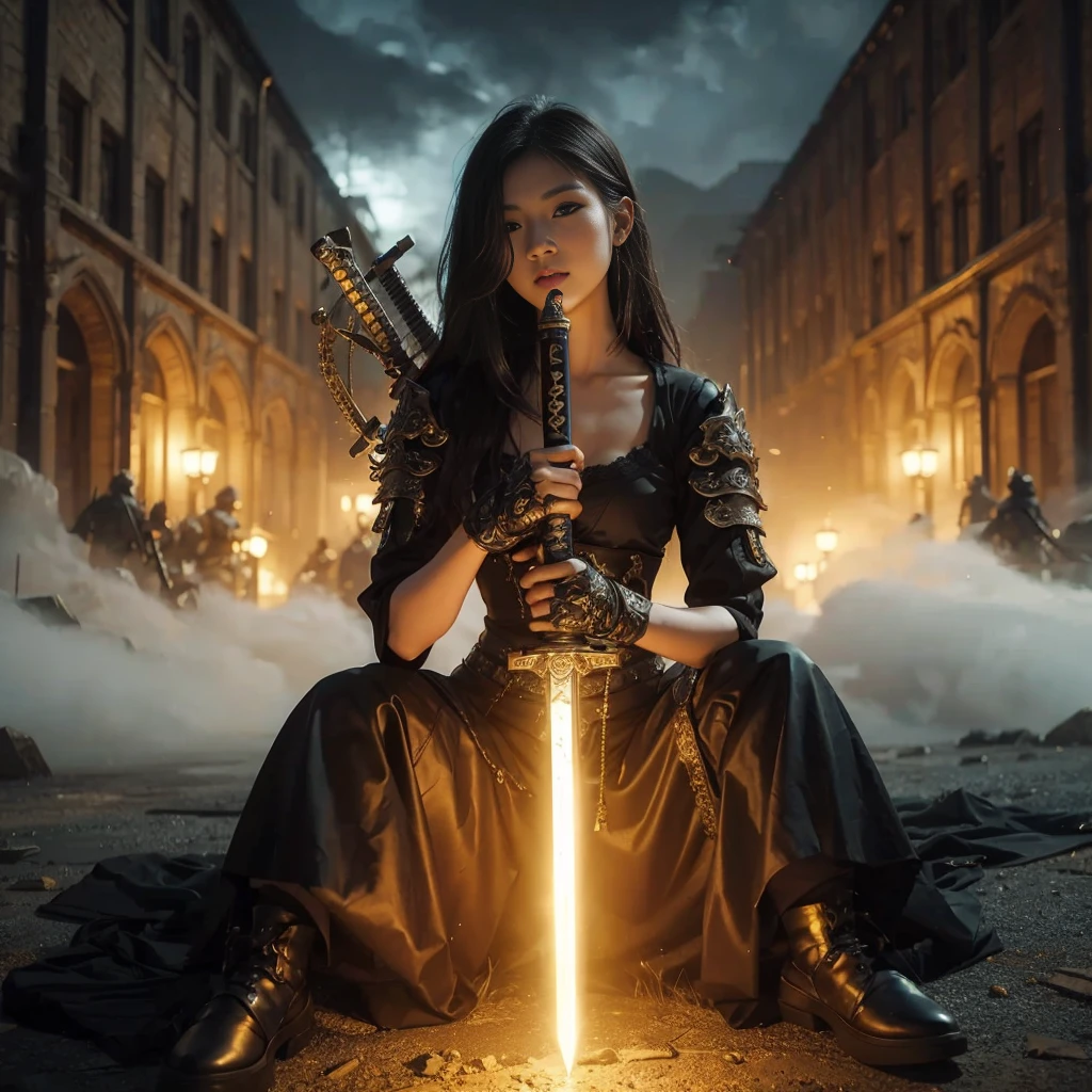 Asian woman with a light golden glow sword sitting on the ground in front of a building, she is holding a sword in action pose, epic fantasy art style, she is holding a katana sword, long sword in her hand, epic fantasy art style hd, fantasy art style, with large sword, great art with details, epic fantasy style, cinematic, night scene with lentern light, smoke fog effect, very realistic, ultra detailed, photorealistic, ultra high definition, 16k