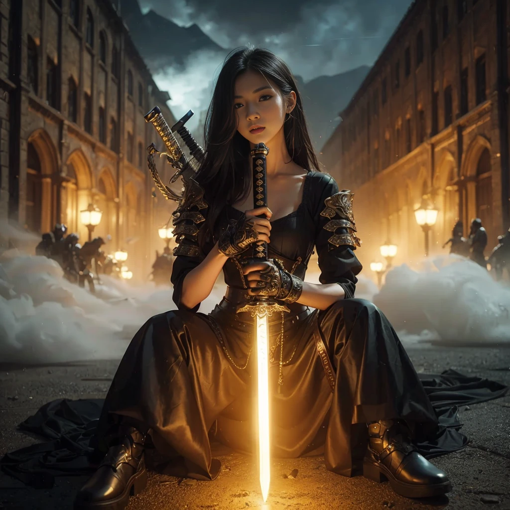 Asian woman with a light golden glow sword sitting on the ground in front of a building, she is holding a sword in action pose, epic fantasy art style, she is holding a katana sword, long sword in her hand, epic fantasy art style hd, fantasy art style, with large sword, great art with details, epic fantasy style, cinematic, night scene with lentern light, smoke fog effect, very realistic, ultra detailed, photorealistic, ultra high definition, 16k