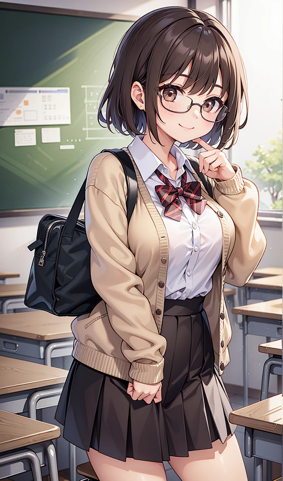 (One girl)、smile、Glasses、turn around、teacher、gentlemen、cardigan、Tight Skirt、Classroom Dark Brown Short Hair、Dark brown eyes