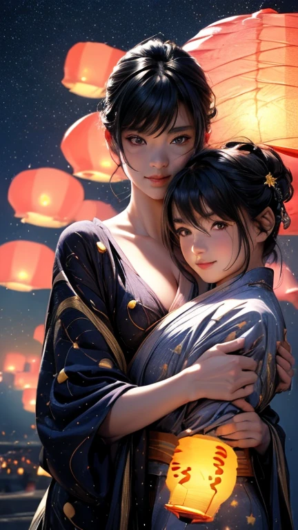 nsfw, Masterpiece, top quality, highly detailed, (Photorealistic style:1.4), Chiaroscuro style, backlighting, 2 girls, A lesbian couple in yukata, (Hug from behind, and put hand on bust, bust shot:1.6), looking at the camera with a smile, A close-up of their beautiful faces, (Lots of fireworks all over the sky, Many Lanterns floating in the sky, big shining milky way:1.4),