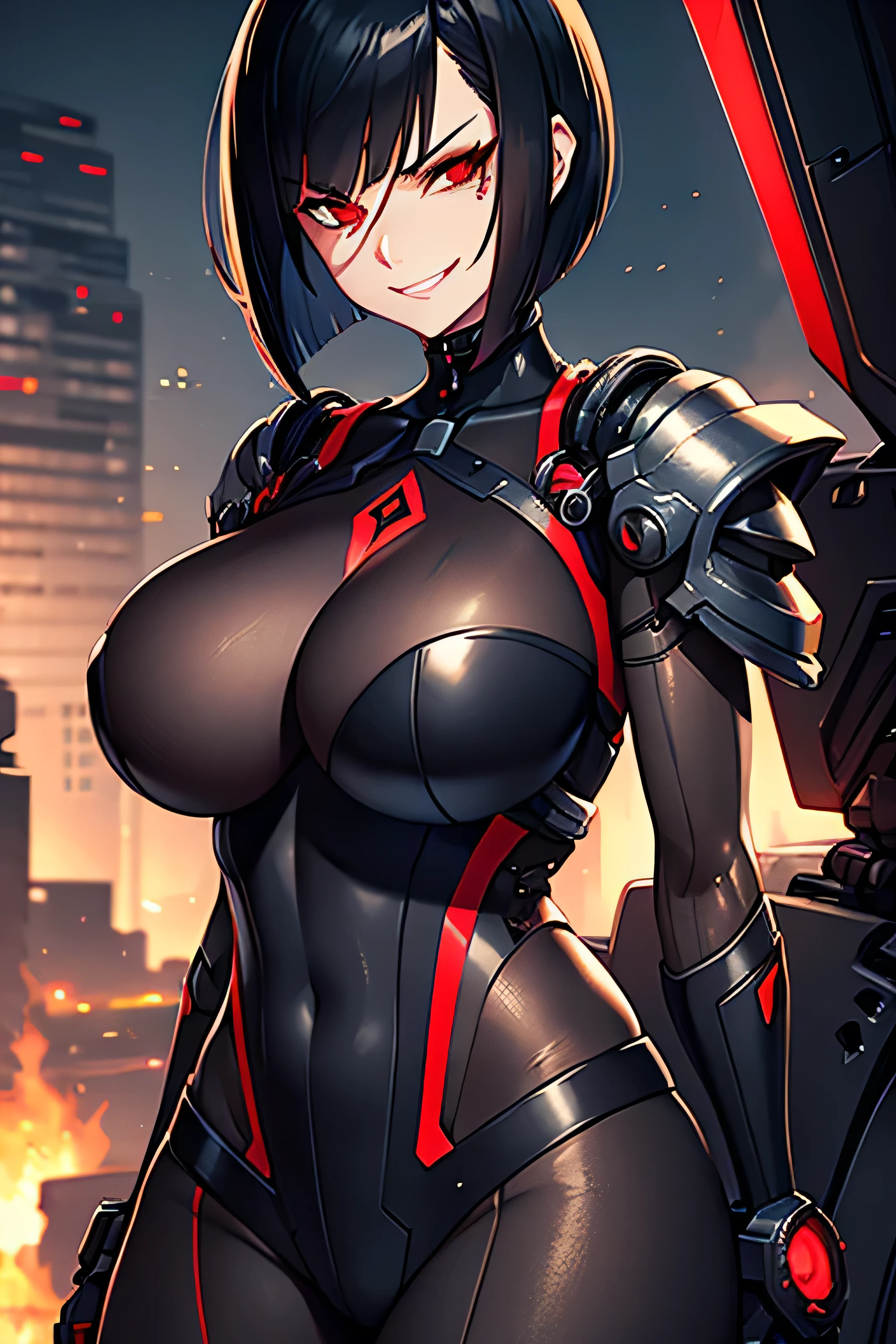 Corrupted, Cyborg, Busty woman, artifical body, mechanic hair, black and red metall, evil smirk, shoulder long bob cut, electronics, organisation emblem