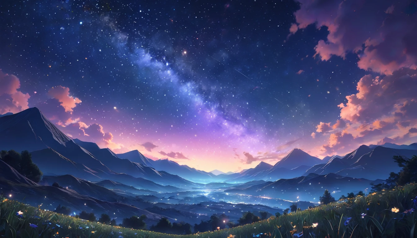 A detailed anime night landscape, detailed starry night sky with no moon, intricate and glowing stars, beautiful moonless night, highly detailed, 8k, photorealistic, professional, cinematic lighting, glowing nebulae, atmospheric haze, detailed foreground elements, serene and tranquil atmosphere, vibrant colors, dramatic lighting