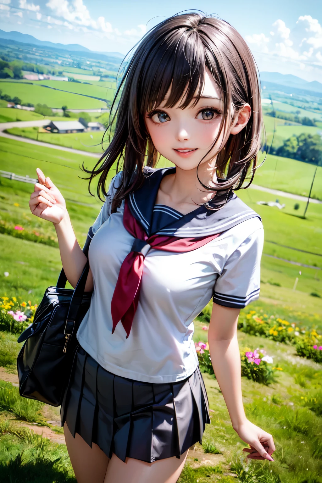 very cute and beautiful girl,(highly detailed beautiful face and eyes),(smile:1.2),happy,looking at viewer,
black hair,serafuku,short sleeve,(pleated navyblue mini skirt),standing,holding school bag,
countryside,hilltop,grassland,flowers,distant ocean background,
(best quality,masterpiece),absurdres,highres,ultra-detailed,extremely detailed,32k,8k resolution,
intricate details,cinematic scene,detailed background,solo,dynamic angle,