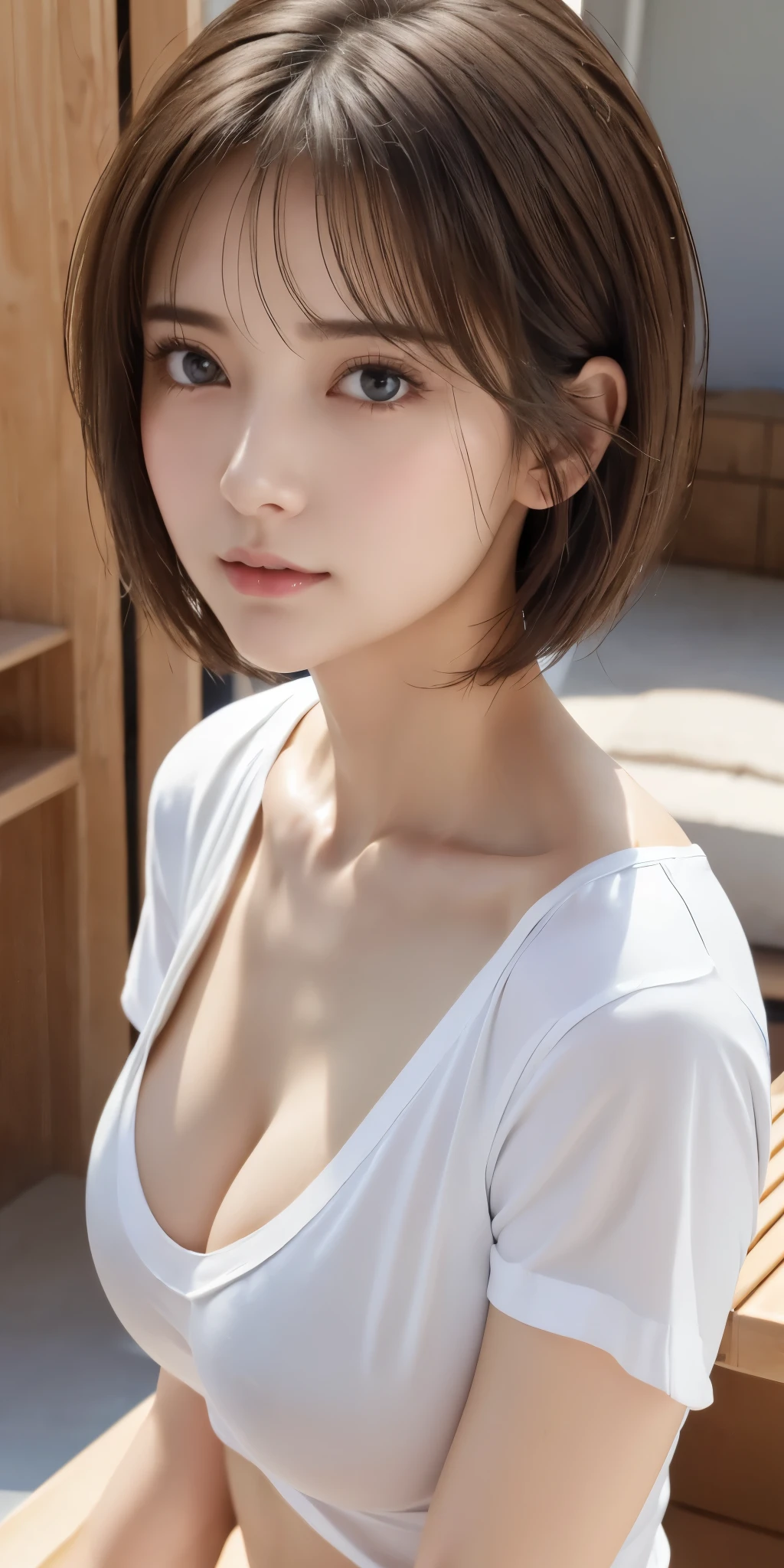 Photorealistic、Highest quality、Highest quality、masterpiece、Ultra-high resolution、Raw photo、Realistic、Bright lighting、Face Light、Smooth Professional Lighting、Looking at the camera、alone、Adult women、Beautiful woman、Super Beauty、Realistic肌、Moisturized Skin、Realistic eyes and faces、Perfect model body shape、Beautiful Eyes、Big eyes、Inconspicuous tear bags、slim、Big Breasts、No bra、No makeup、Very short hair、Black Hair、Black Eye、looks fun、The ears are hidden in the hair、(((A loose white t-shirt、Nipples visible through the neck of the T-shirt、Beautiful nipples)))、Leaning forward、Shot from above、