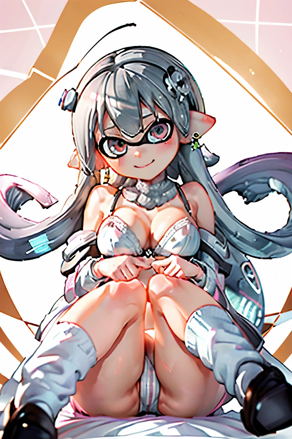 (8K、Best image quality、Highest quality、masterpiece)、Detailed face、Real Anime、3d、1. splatoon girl、Dark silver tentacle hair、Long tentacle hairs、Pink inner hair、Golden Eyes、Earrings、Wicked Smile、Huge breasts、White shirt、Long sleeve、((Button removed))、Cleavage、((White lace bra))、Black pleated skirt、((White and black striped panties))、White socks、loafers、Sit with your knees raised、On my back、Shooting from the sky、vaginale、Anatomically accurate whole body、