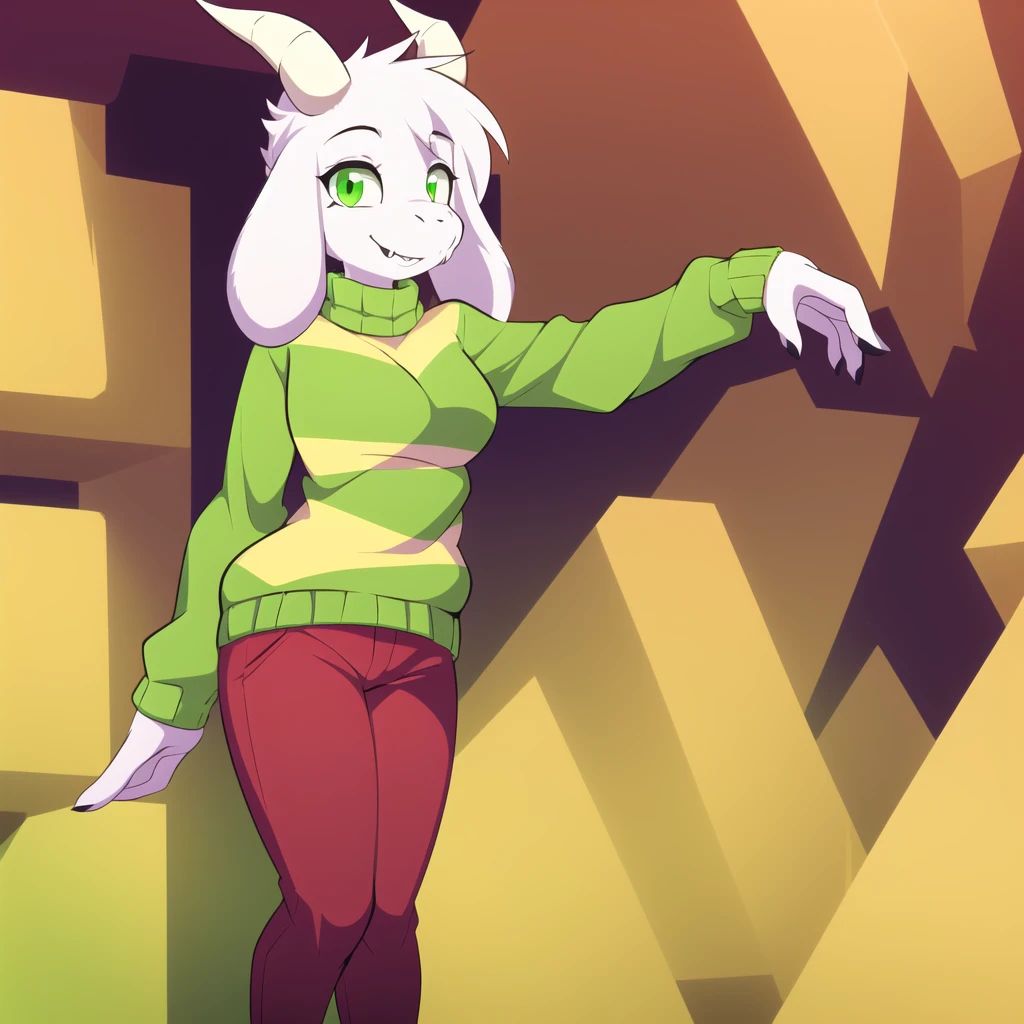(best quality, masterpiece:1), furry female anthro asriel goat girl, solo, standing pose, female sexy body, (green striped sweater:1.1), white goat horns, (red pants:1.2), green eyes, smile, looking at viewer, (abstract background:1.0), 