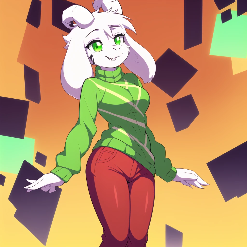 (best quality, masterpiece:1), furry female anthro asriel goat girl, solo, standing pose, female sexy body, (green striped sweater:1.1), white goat horns, (red pants:1.2), green eyes, smile, looking at viewer, (abstract background:1.0),