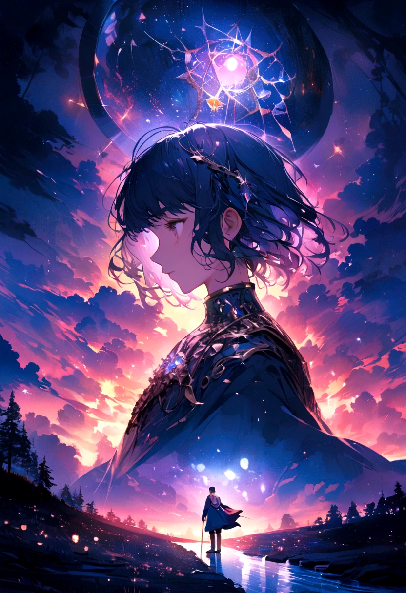 profile image, where the character goes to the path of knowledge (road with a flashy lamp), discovering the world