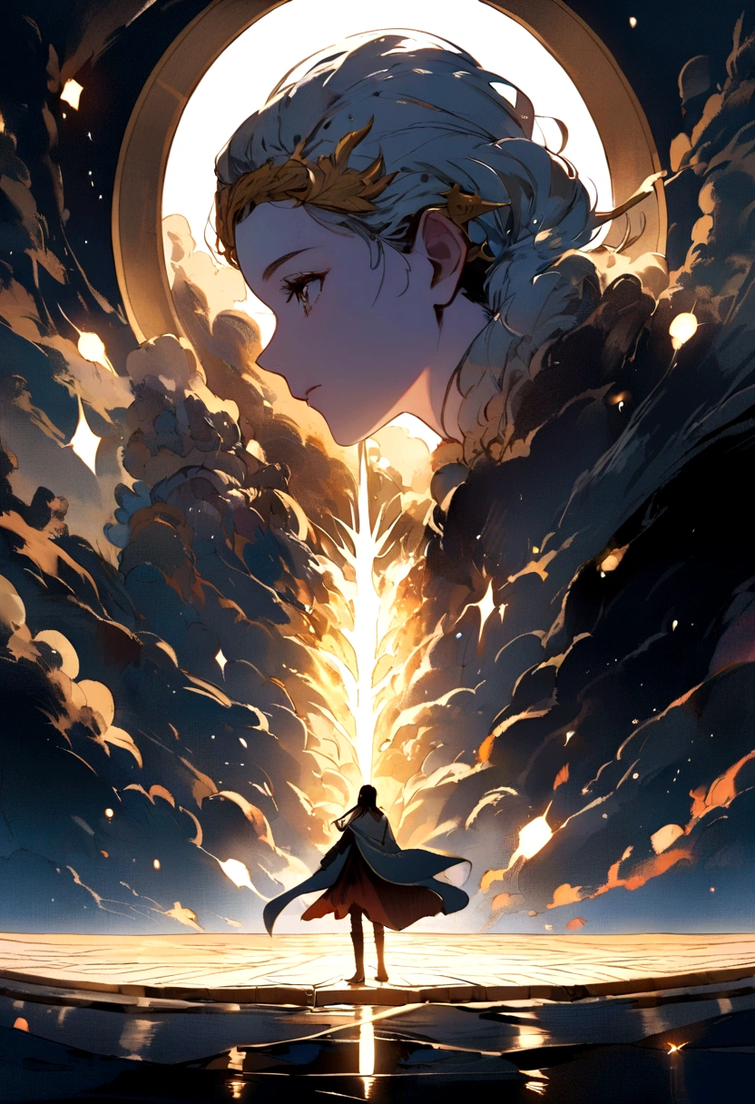 profile image, where the character goes to the path of knowledge (road with a flashy lamp), discovering the world