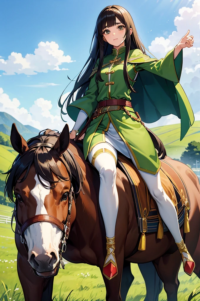 Tall slim brunette woman, He has long hair and a side-fringe hairstyle. , big brown eyes eyelashes not very long, oval face short thin eyebrows , .He is wearing a green exploration lejin-style cape.,a white pantalon. Rides a horse in the field green grass and blue sky