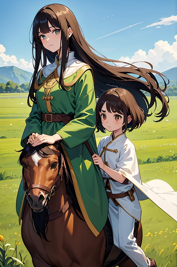 Tall slim brunette woman, He has long hair and a side-fringe hairstyle. , big brown eyes eyelashes not very long, oval face short thin eyebrows , .He is wearing a green exploration lejin-style cape.,a white pantalon. Rides a horse in the field green grass and blue sky