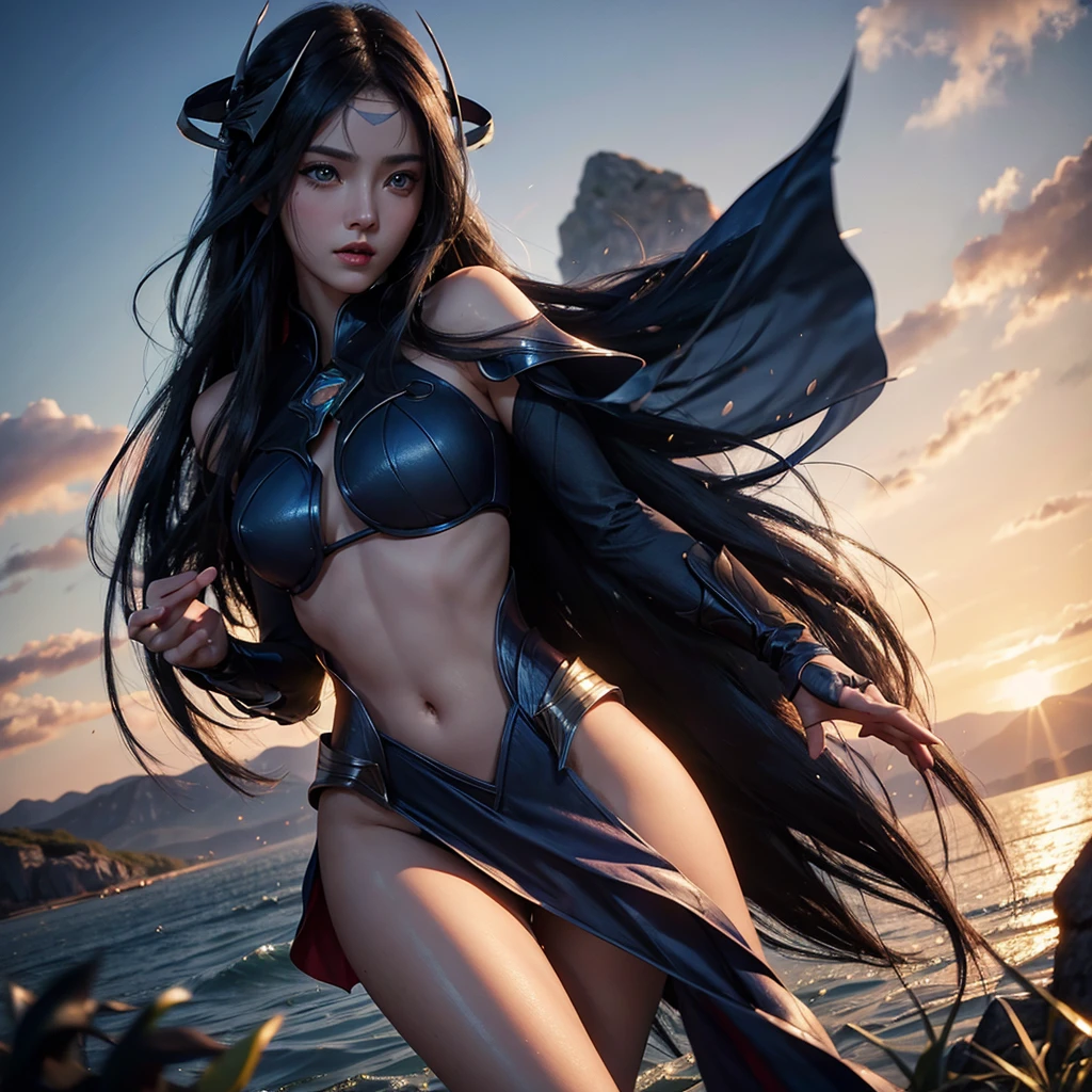 irelia from league of legends, a beautiful 24 years old woman, asian girl, dark blue long hair, blue eyes, fit body, she controls blades in the air, serious face, detailed photograph, 8k, uhd, high quality photo, bright day, grassland background, sexy girl, perfect body, perfect face, very big eyes, detailed face, detailed hands, detailed eyes, high detailed photograph, 16k, perfect woman face, wearing bikini