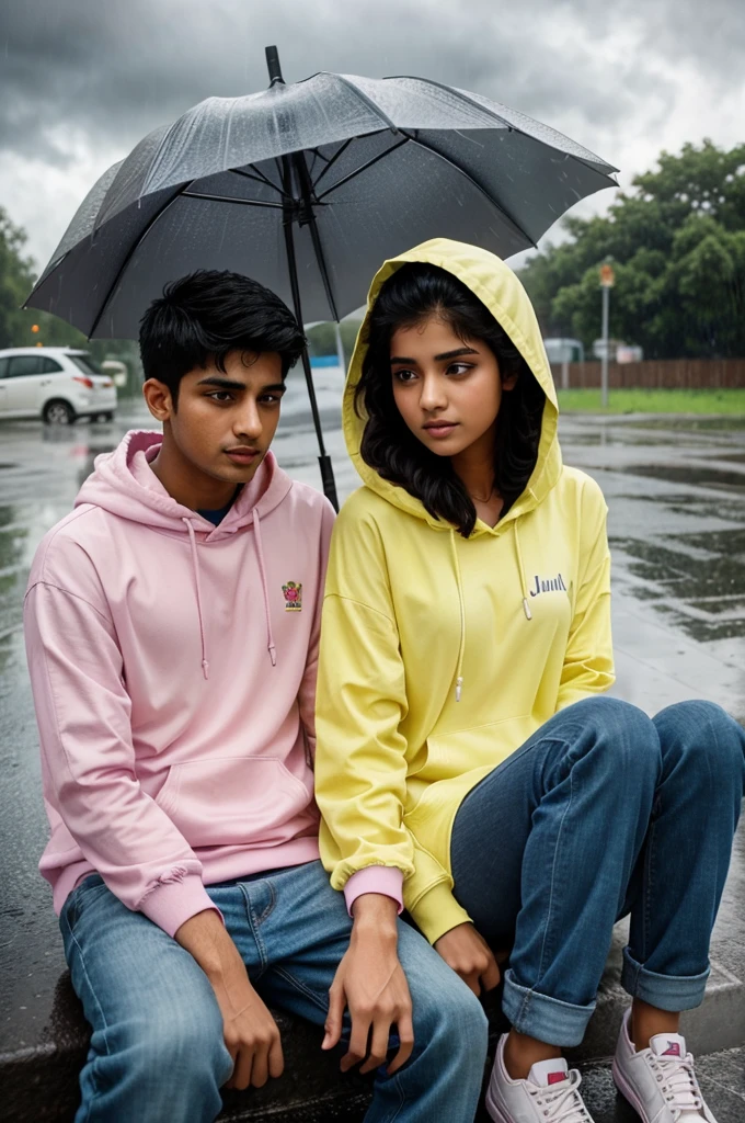 realistic Pakistani 18 Year old cute Couple sitting on the road with an umbrella and boy’ wearing a yellow hoodie with name “Sanjay” write on it, Girl wearing a pink hoodie with name “Ajali” write on it, after rain and beautiful lonely Couple, with Cute white Cat, rainy mood, realistic picture, pretty couple, emotional picture,profile pic, rainy weather, beautiful realistic photo, rainy day, hyperealistic photo, it is rain