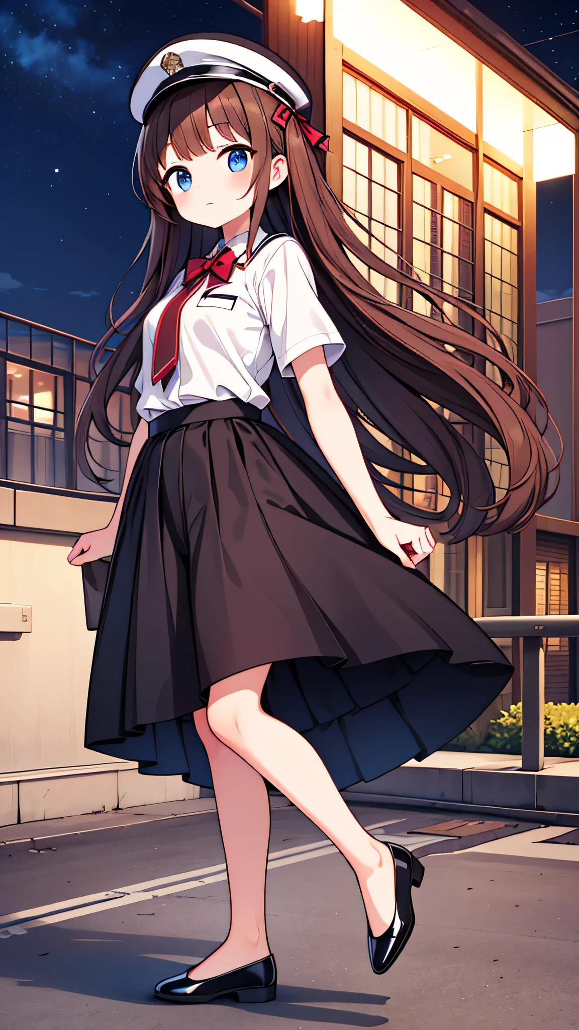 {Highest quality}, {Super beautiful},{Ultra fine},{Best illustration},Brown Hair,Hime cut,semi-long,Bangs,girl,Uniform cap,White Shirt,Short sleeve,Long black skirt,Night Park,Blushing,Slender women, A woman wearing plain black pumps,Bare feet and pumps,Strike a Pose,From an angle