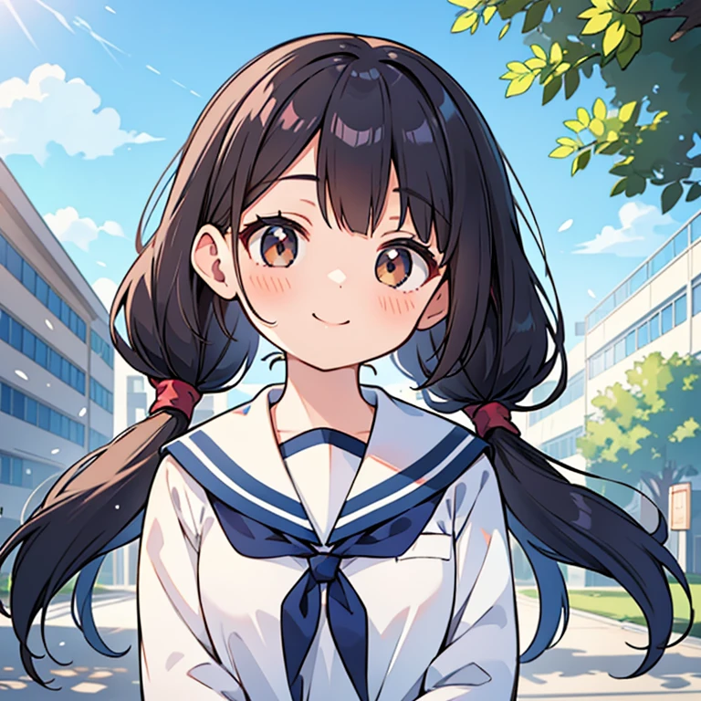 1girl, standing, gentle smile, 15yo, head tilt,
school building on the back,
(low twintails girl), low pigtails, black hair, very long hair,
long sleeves, navy-blue serafuku with blue ribbon,
(brown eye),
afternoon,
from front,
4-story white school building, outdoor, tree on side,
anime, high brightness, detailed face, detailed eyes,
high quality, ultra detailed, masterpiece, FHD