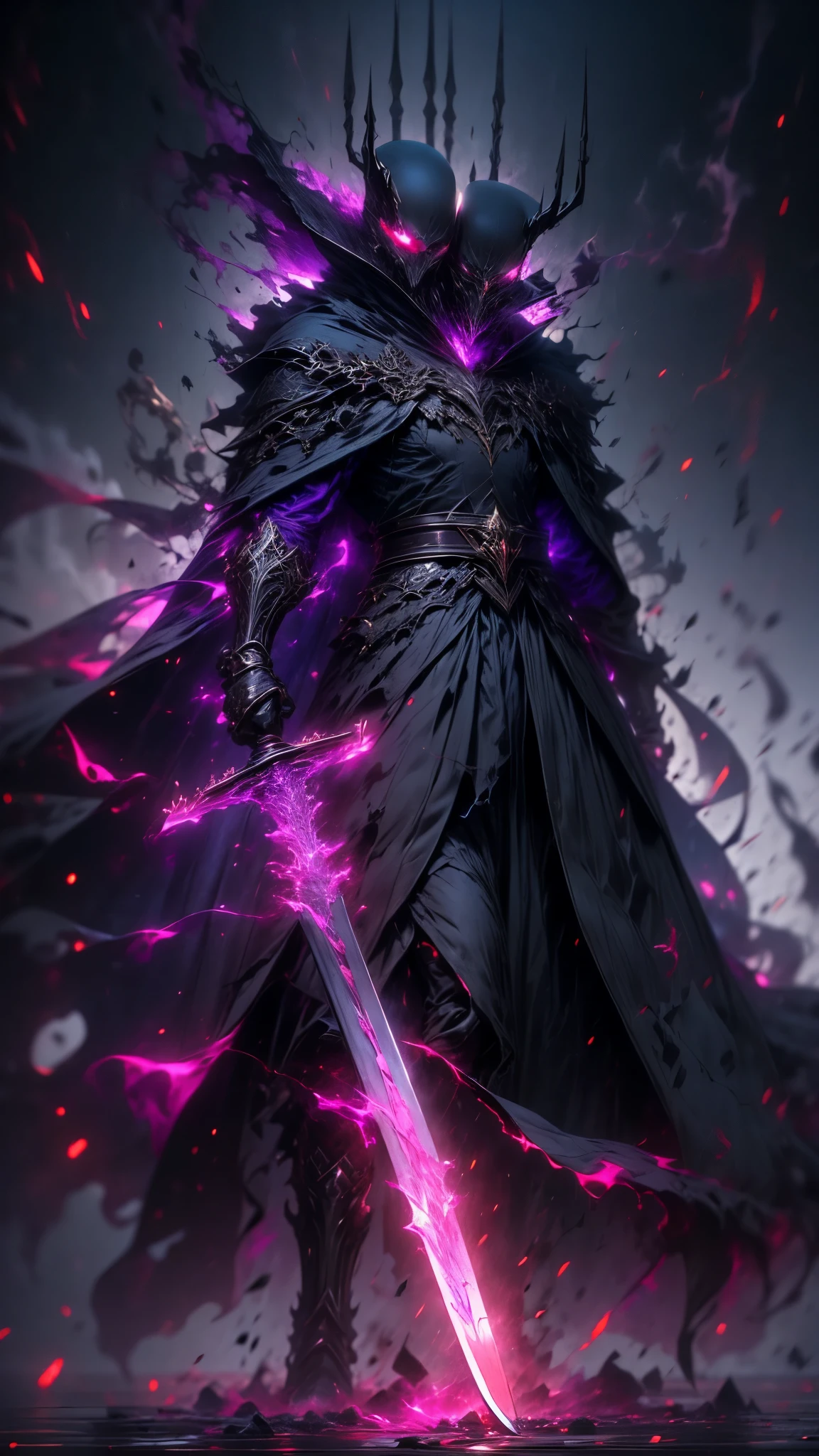 A dark and ominous creature, a god of death with a black crown, red glowing eyes, dynamic point of view, a fantasy character with a large torn black cape, wearing black and torn clothes, holding a magic sword with a blue and green aura around it, magical effects surrounding the sword, dark evening outdoor background on a dark plain