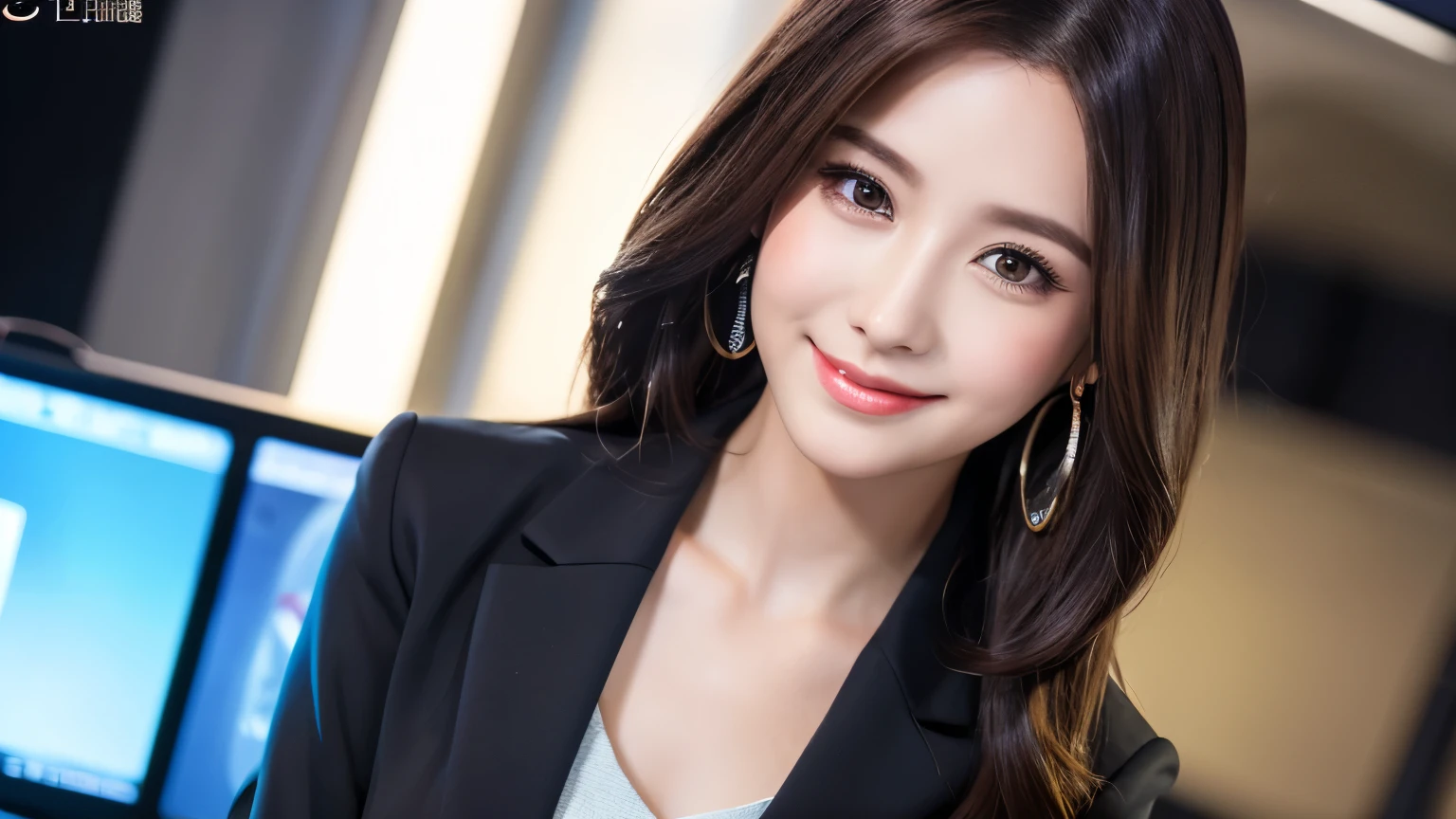 one person、female newscaster、young、beautiful、Female announcer、Shaped face contour、Long Hair、Brown Hair、Fine iris、Elegant、Sexy face、Glowing Skin、Juicy lips、An open, seductive smile、Thick eyelasheodel Body Type、Earrings、black stockings、blush、suit、Tight mini skirt、Perfect lighting、Perfect Shadow、Perfect ???????(((masterpiece))), ((highest quality)), ((Super detailed)), (CG illustration), (Very wicked and beautiful)), (Cute Desktop Face)