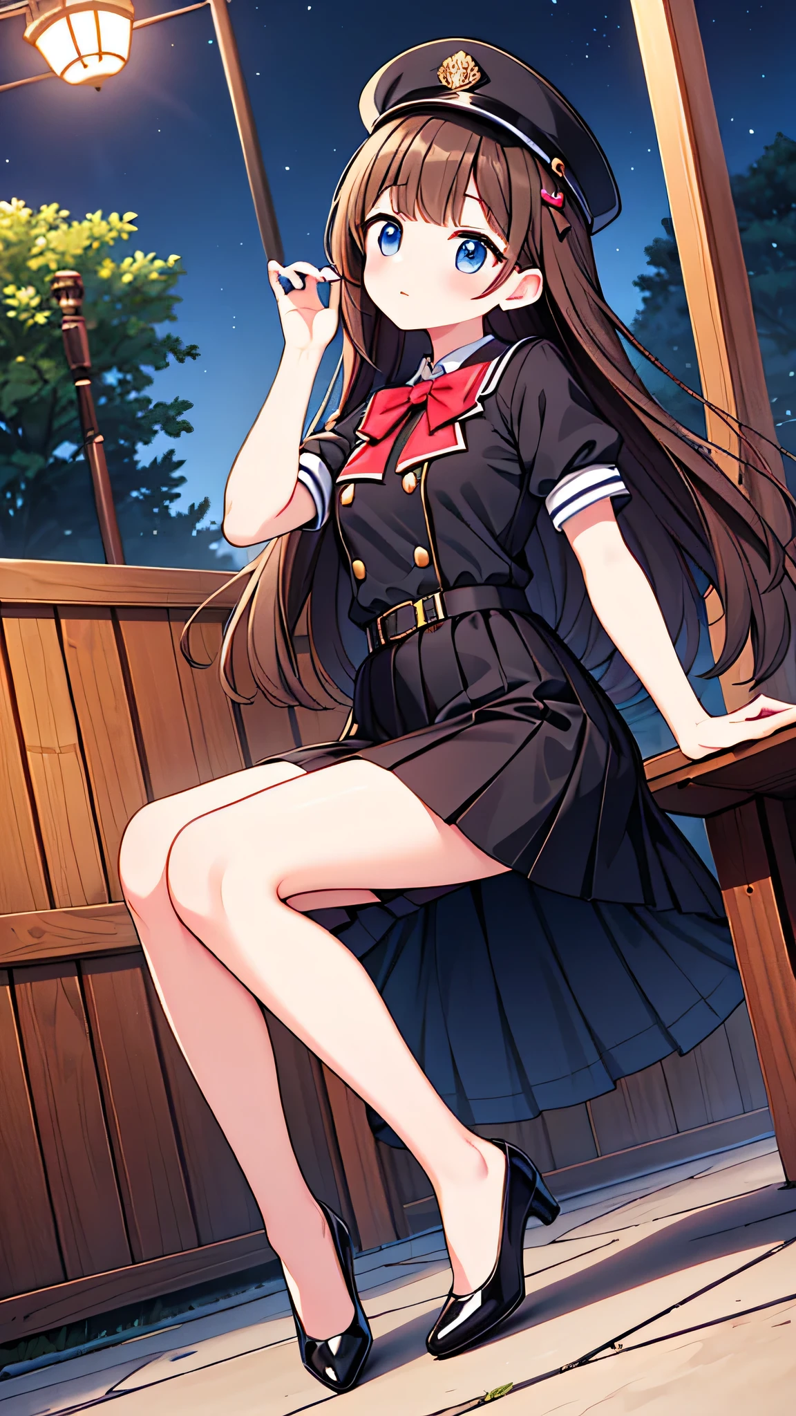 {Highest quality}, {Super beautiful},{Ultra fine},{Best illustration},Brown Hair,Hime cut,semi-long,Bangs,girl,Uniform cap,White Shirt,Short sleeve,Long black skirt,Night Park,Blushing,Slender women, A woman wearing plain black pumps,Bare feet and pumps,Strike a Pose,From an angle