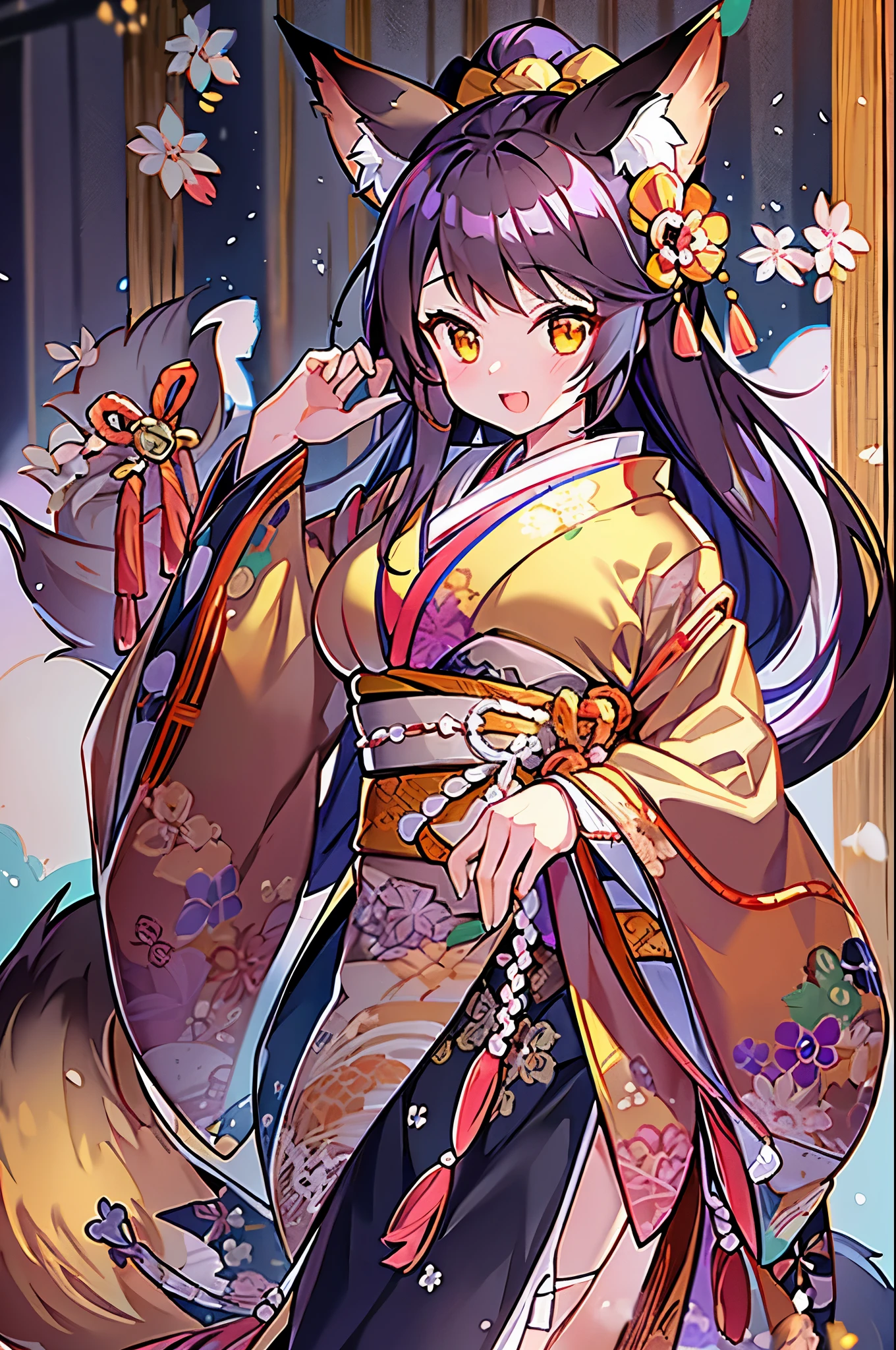 Fox-eared witch,(Highest quality:1.2)、Girl with long brown ponytail、(Yellow fox ears)、(Fox Tail)、shrine、4K resolution、Traditional Japanese kimono like an onmyoji、Big Breasts、Illustrations similar to Genshin、Clothes like Kitasan Black、looking at the camera,Cool smile,Overall image,Don&#39;t show your hands,Expressing strength and courage