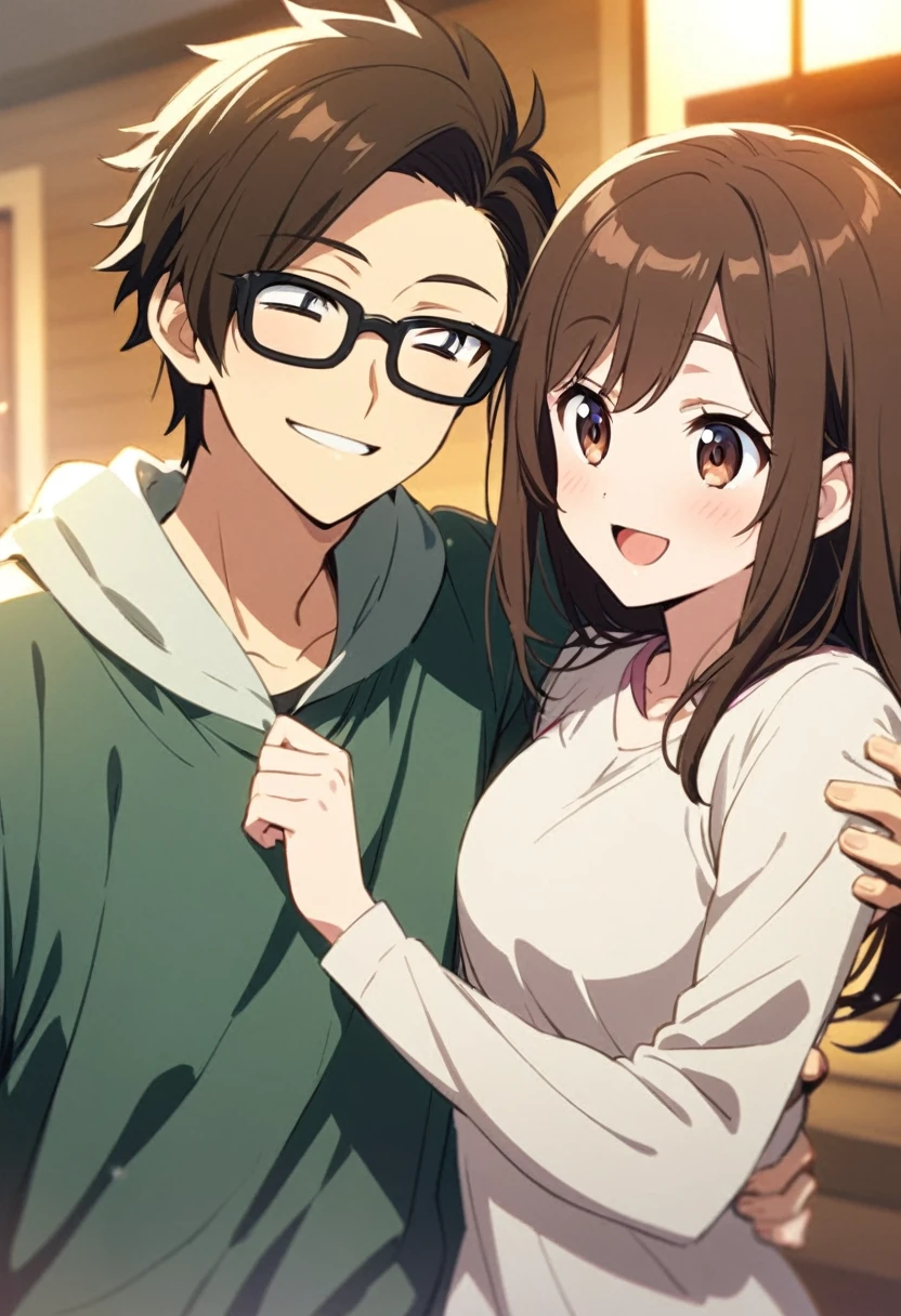 anime, two people, one beautiful female with long brown hair and no glasses, the other person is a male with short dark brown hair and black rimmed glasses, they are boyfriend and girlfriend, both smiling