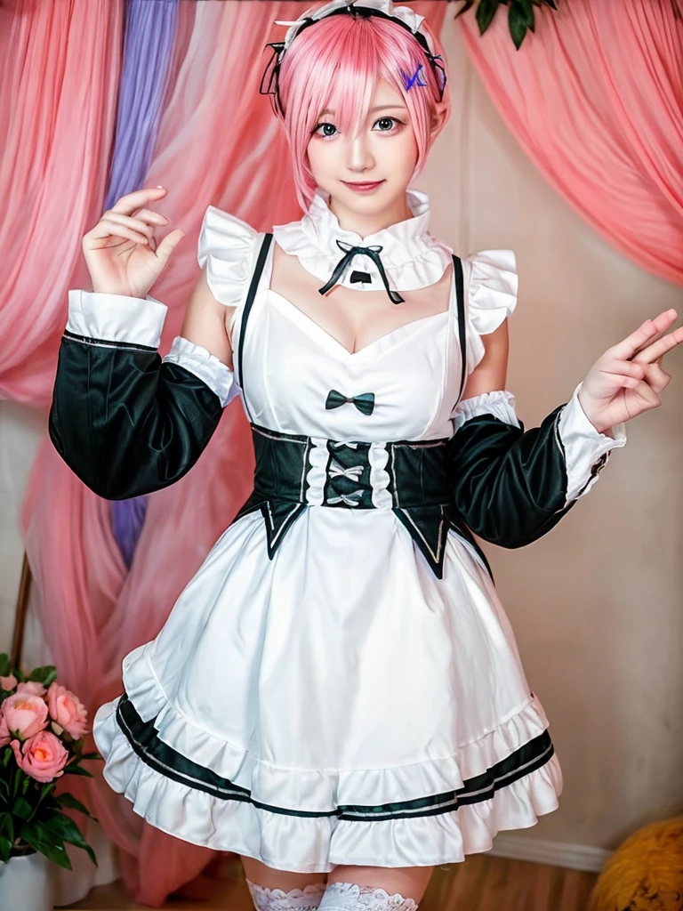 Accurate depiction with high resolution,(8K, Photorealistic, Raw photo, of the highest quality: 1.3), (1girl in), Super beautiful, (Realistic face), (boyish, pink Color Berry Shorthair), Beautiful , Glare that captivates the viewer, Beautiful expression, Beautiful breasts, (Realistic skin), Be...Create a detailed and colorful image of Ram and Rem from Re:Zero, standing back-to-back in their maid outfits, with a magical fantasy background、14years old, two girls,cute, perfect face, beautiful, nice body, gothic lolita clothes, gothic lolita fashion, frilly skirt, headdress, necklace, bracelet, knee-high socks, boots, double eyelids, tear bags, Detailed down to the fingers, photo-like description, indoors, dim indoor lighting, one girl is pink hair and short bob, another girl is light blue hair and short bob,standing,whole body, composition that shows the whole body, smiling,The Both of them are wearing the same type of maid outfit,Optimal ratio of 4 fingers and 1 thumb,walking
