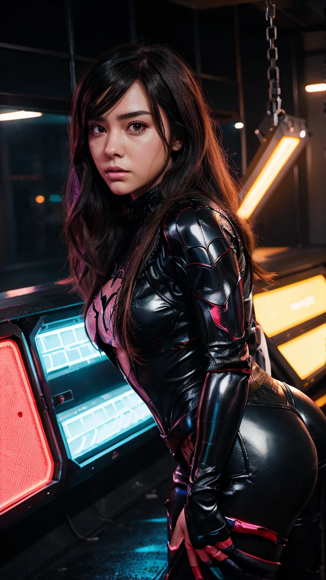 girl with glowing cybernetic implants stands atop a skyscraper, overlooking a neon-lit cyberpunk cityscape.
