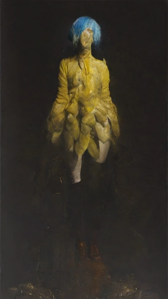 70s dark fantasy art, Coraline style, a girl with short blue hair, with brown eyes wearing a yellow cape and yellow boots, colorful socks, Gothic, horor, movie, She has a blank and gloomy expression