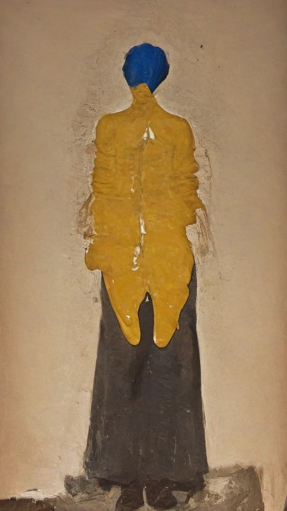 70s dark fantasy art, Coraline style, a girl with short blue hair, with brown eyes wearing a yellow cape and yellow boots, colorful socks, Gothic, horor, movie, She has a blank and gloomy expression