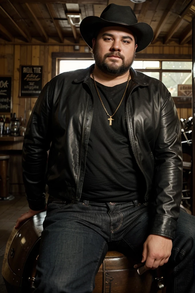 Create an image of a fat man. He is white with straight black hair, brown eyes, and a short, well-trimmed beard. His nose is slightly wide, his face is chubby, and he has thin, rosy lips. He has broad shoulders, a large belly, big hands, and thin legs, which are somewhat disproportionate to the rest of his body.

In this image, the man is wearing a black leather jacket, dark jeans, and black boots. He is adorned with gold necklaces and wearing a black cowboy hat.

He is sitting on a customized black matte Harley Davidson motorcycle with wide rear wheels, old yellow headlights, and brown seats.

The scene is set in front of an old, rustic bar on Route 66.

