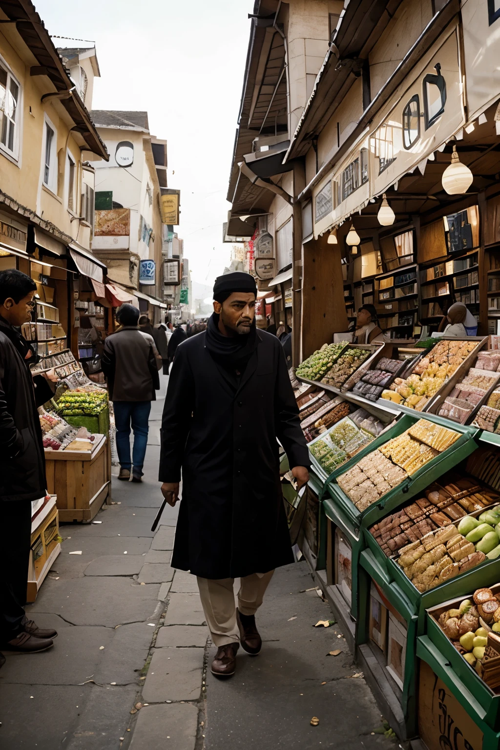 Umar is wandering in the village market.  There are various shops in the market and people are shopping.  An old bookstore appears.