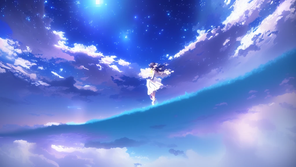 anime, A girl in a white dress floats in the water, Makoto Shinkai Cyril Rolland, anime girl walking on water, anime movie background, beautiful anime scene, today's featured anime still, anime film still, screenshot from the anime film, anime still film anime shikishi, star(null) starry_null