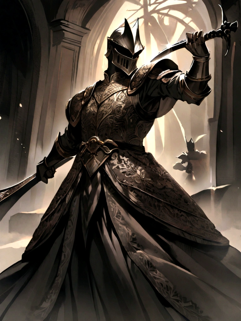 The knight with a sword in his right hand and a battle ax in his left poses with his right hand raised