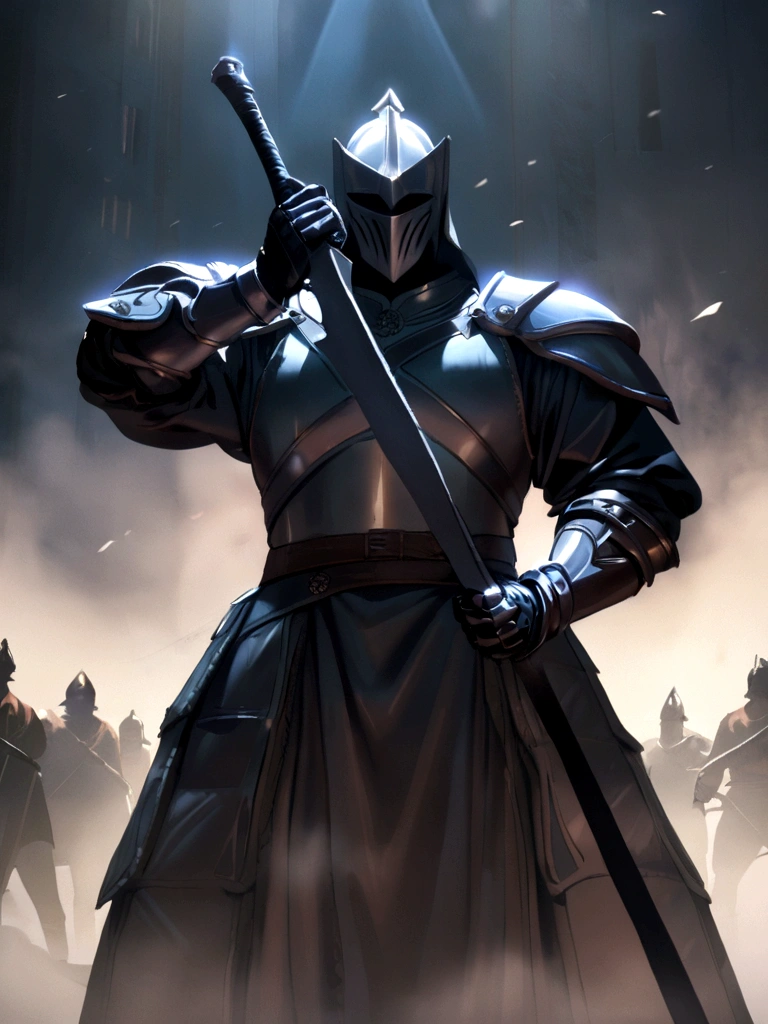 The knight with a sword in his right hand and a battle ax in his left poses with his right hand raised