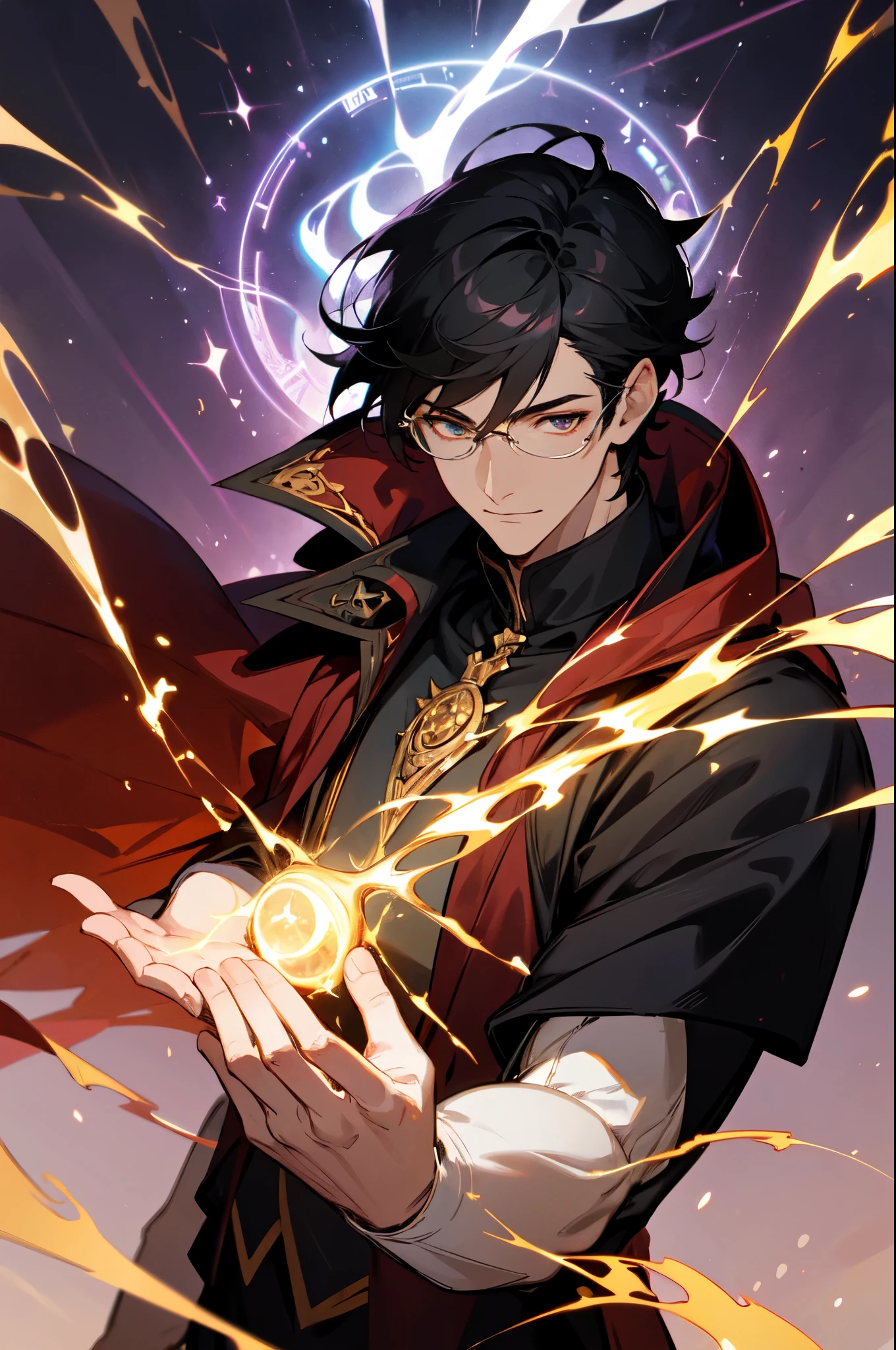 masterpiece, best quality, 1 male, young, tall muscular, handsome, finely detailed eyes, intricate details, black hair, short hair, smile, solo, upper body, detailed background, detailed face, good sorcerer, color magical robes, determined expression, white color scheme, dark crimson light, glowing magical runes, realistic lighting, floating particles, sparks, surrounded by gold lightning red arcane symbols, corrupted by eldritch power, bloom, glasses