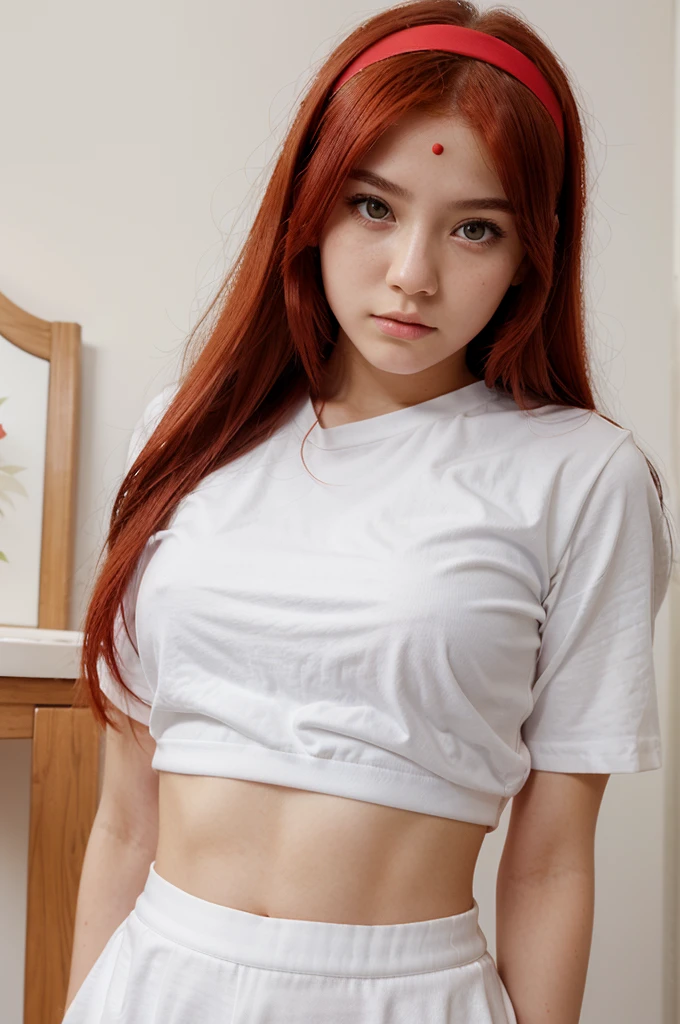 Beautiful teenage girl,アニメ,bright red hair,wear a headband,White shirt,rok abu abu,red eyelids