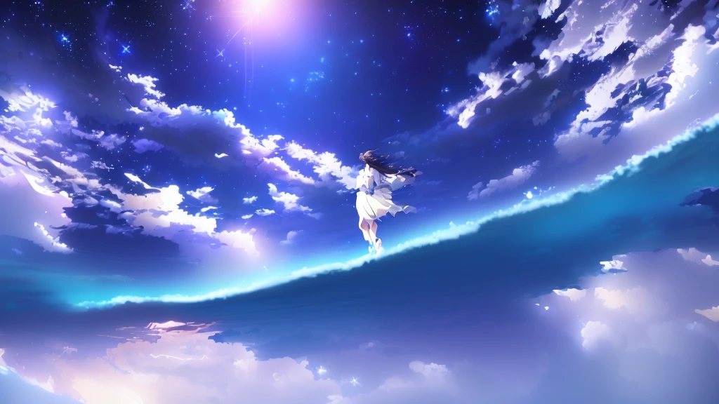 anime, A girl in a white dress floats in the water, Makoto Shinkai Cyril Rolland, anime girl walking on water, anime movie background, beautiful anime scene, today's featured anime still, anime film still, screenshot from the anime film, anime still film anime shikishi, star(null) starry_null