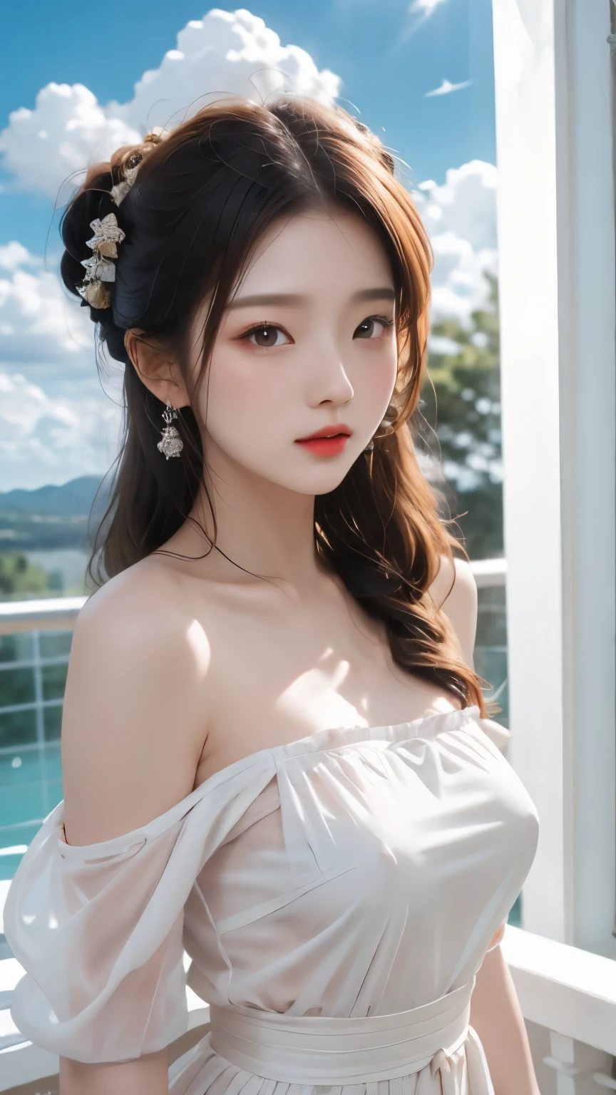 masterpiece, best quality, Stills, 1 girl, Floating in the air, cloud girl, cloud, (close up:1.1), bright, Happy, pleasure, Soft Light, (Bauhaus, shape, metallic line, Abstract:1.1),Off-shoulder,Strapless,Skinny sexy top