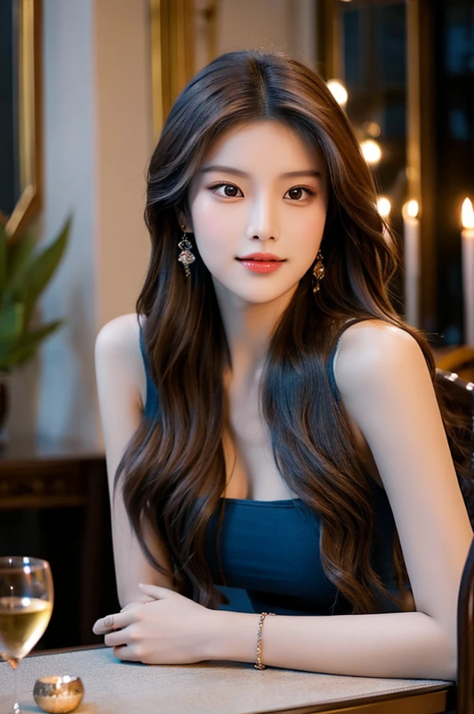 Generate an image of a breathtaking 20-year-old Asian woman whose beauty is comparable to a goddess of the fire element. She has large brown eyes, dark brown hair, radiant skin, and an appealing look. Dressed in a stunning top and blue skinny jeans, she is seated elegantly at a romantic dining table. The ambiance is intimate with soft lighting, candles, and a beautifully set table.