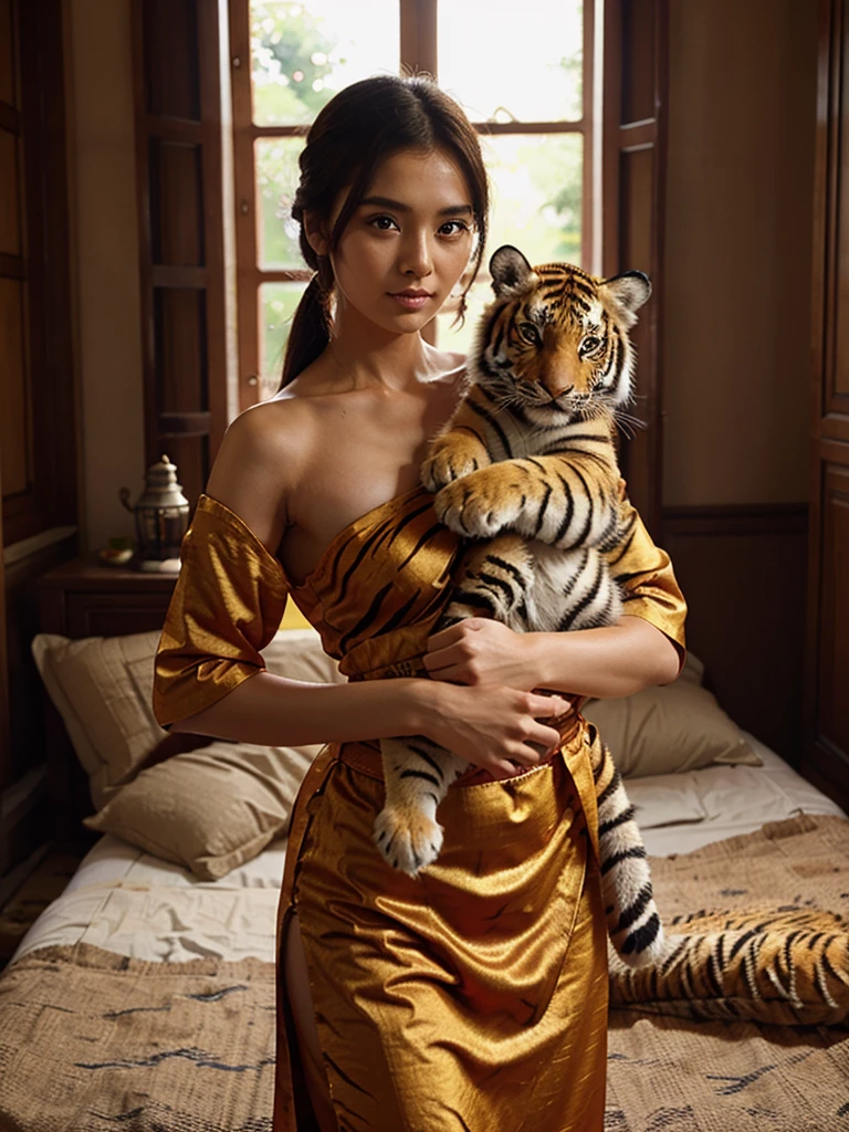 beauty girl, holding a tiger in her arms, traditional china clothes, a sexy