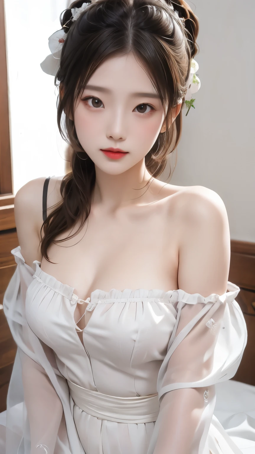 masterpiece, best quality, Stills, 1 girl, Floating in the air, cloud girl, cloud, (close up:1.1), bright, Happy, pleasure, Soft Light, (Bauhaus, shape, metallic line, Abstract:1.1),Off-shoulder,Strapless,Skinny sexy top