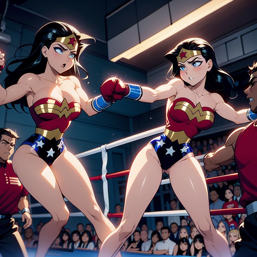 NSFW ,Knocked out！, Fullbody shot , Female boxing Face to face, Wear wonderwoman leotard , So huge breasts.