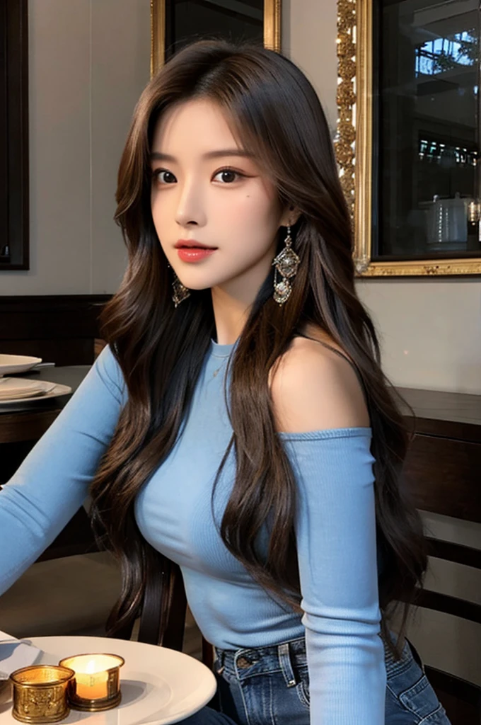 Generate an image of a breathtaking 20-year-old Asian woman whose beauty is comparable to a goddess of the fire element. She has large brown eyes, dark brown hair, radiant skin, and an appealing look. Dressed in a stunning top and blue skinny jeans, she is seated elegantly at a romantic dining table. The ambiance is intimate with soft lighting, candles, and a beautifully set table.