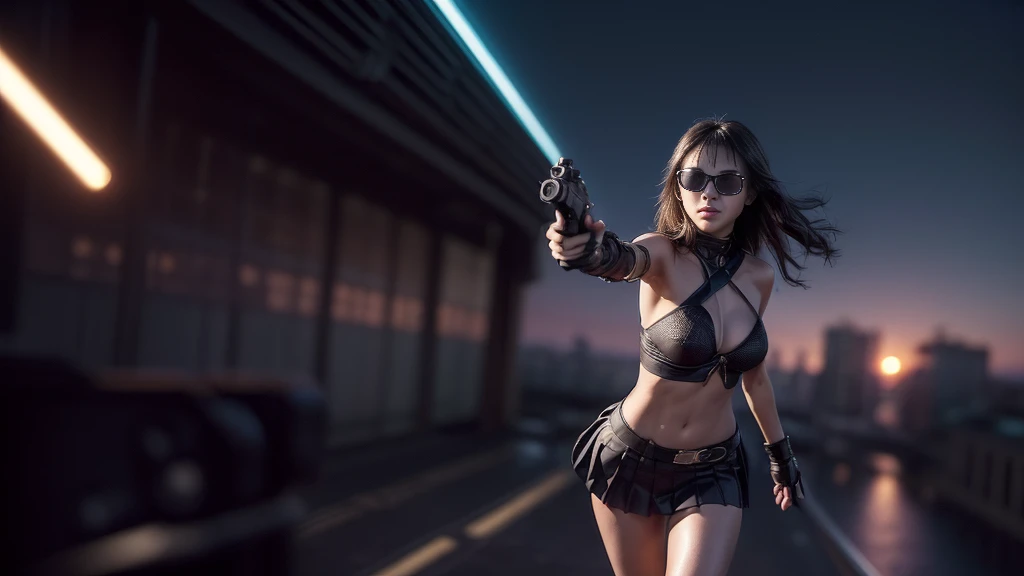 (((At night, ((very dark sunset sky)), (((1girl, solo))), a western woman, photo realistic, large-breast:1.2 slim body, cleavage, off tube top, short pleated miniskirt, standing on rooftop, (matrix style black sunglasses), (((aiming towards viewer with a short:0.8 pistol))), half-body thigh level medium:1.2 shot))). In the background, simple aerial view of a sci-fi futuristic city, (((flying vehicle speeding towards viewer))).