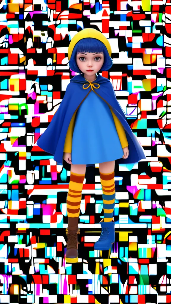 70s dark fantasy art, Coraline style, a girl with short blue hair, with brown eyes wearing a yellow cape and yellow boots, colorful socks, Gothic, horor, movie, She has a blank and gloomy expression