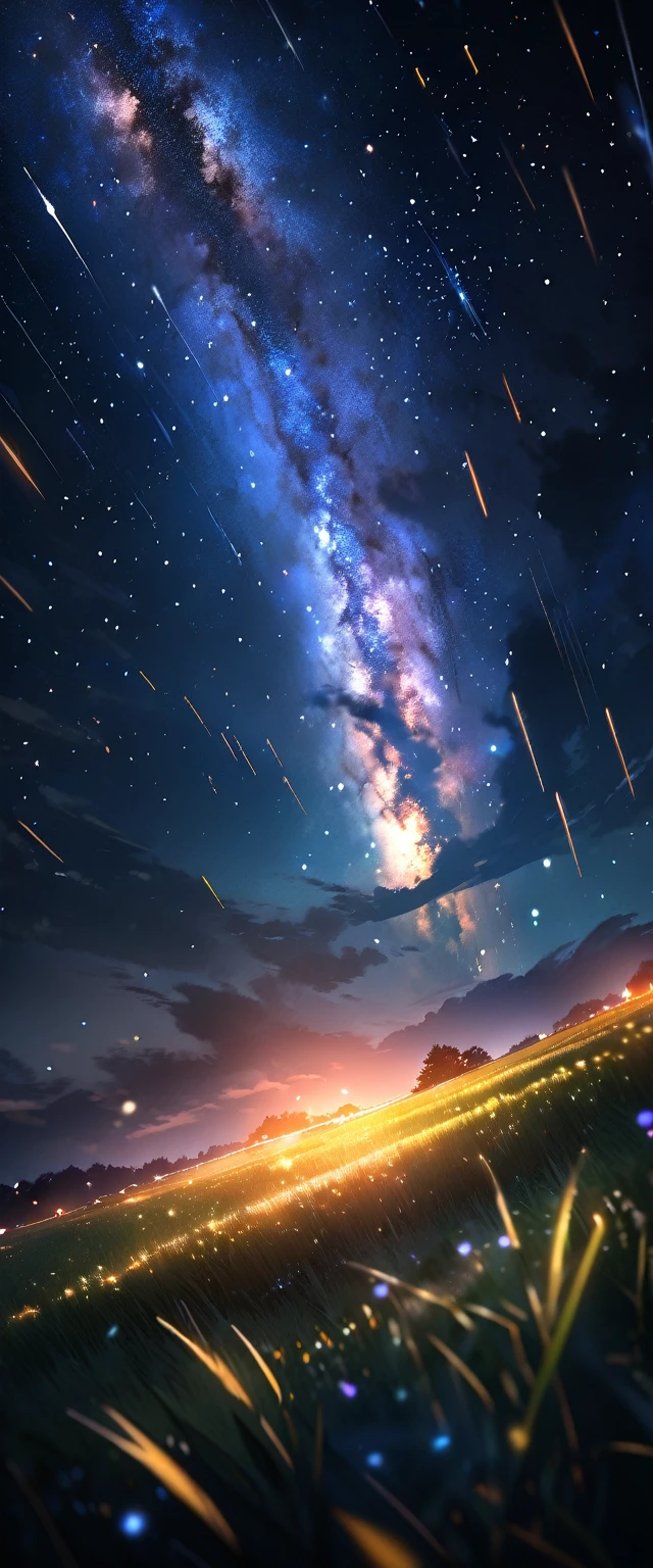 (((A meteor shower dancing in the night sky, countless stars twinkling in the clear air, a beautiful starry sky, the Milky Way shining beautifully in the night))), grass field, (best quality, 4K, 8K, highres, masterpiece:1.2, ultra-detailed, HDR, uhd, studio lighting, ultra-fine painting, sharp focus, physically-based rendering, extreme detail description, professional, vivid colors, bokeh)